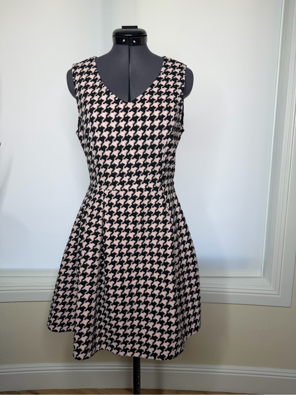 Sleeveless Pink Houndstooth Fit & Flare Mini Dress
